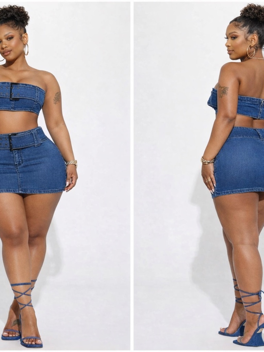 Fashion Nova Blue Denim Strapless Crop Top & Mini Skirt Set